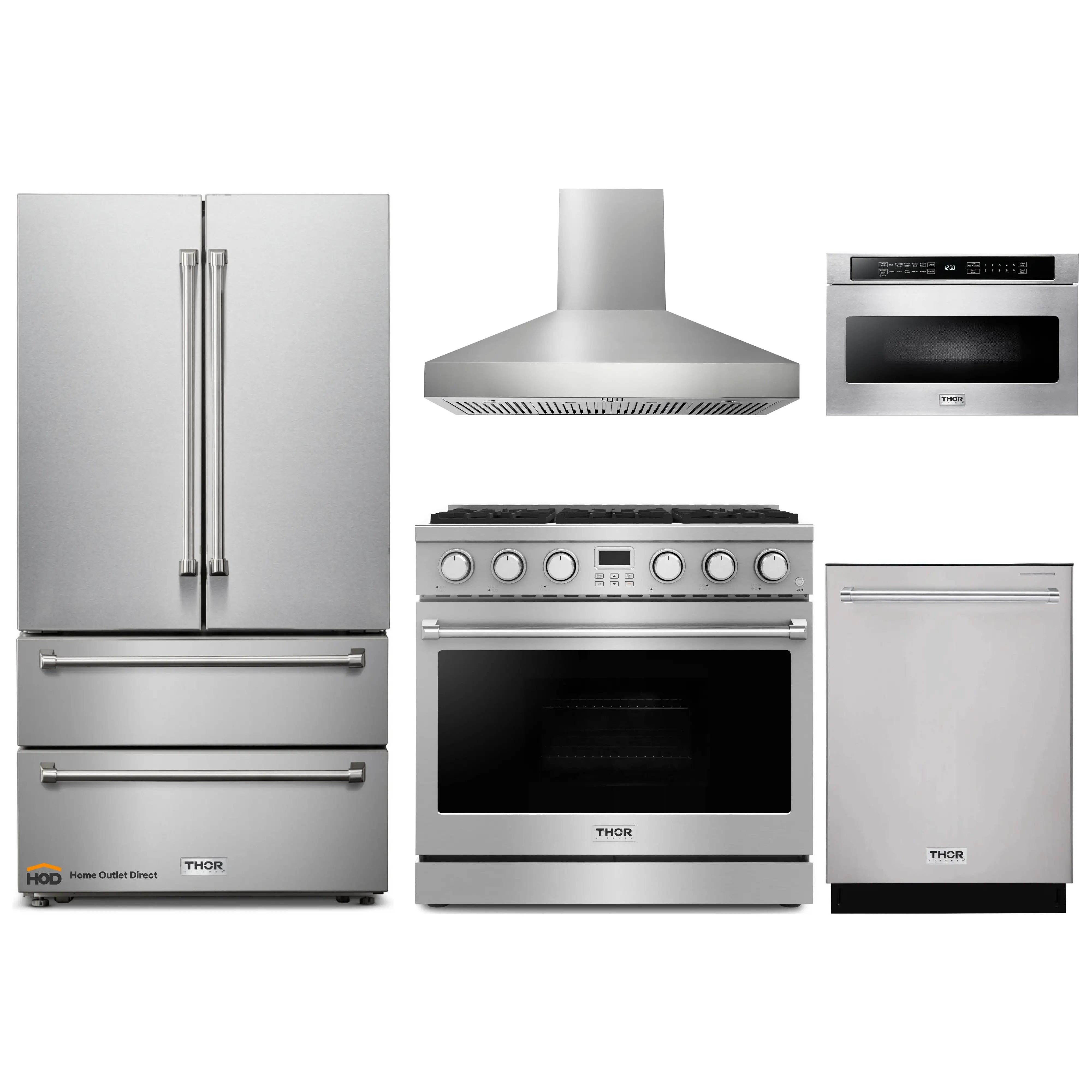 Thor Kitchen A-Series 5-Piece Appliance Package - 36-Inch Gas Range, Pro-Style Wall Mount Range Hood, Refrigerator, Dishwasher, and Microwave in Stainless Steel