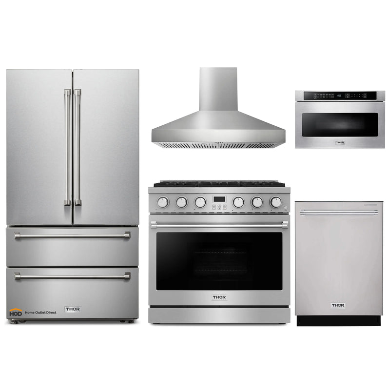 Thor Kitchen A-Series 5-Piece Appliance Package - 36-Inch Gas Range, Pro-Style Wall Mount Range Hood, Refrigerator, Dishwasher, and Microwave in Stainless Steel