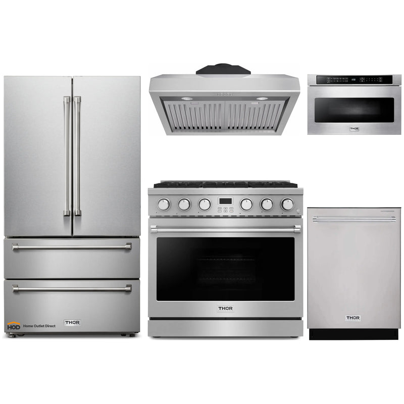 Thor Kitchen A-Series 5-Piece Appliance Package - 36-Inch Gas Range, Under Cabinet Range Hood, Refrigerator, Dishwasher, and Microwave in Stainless Steel