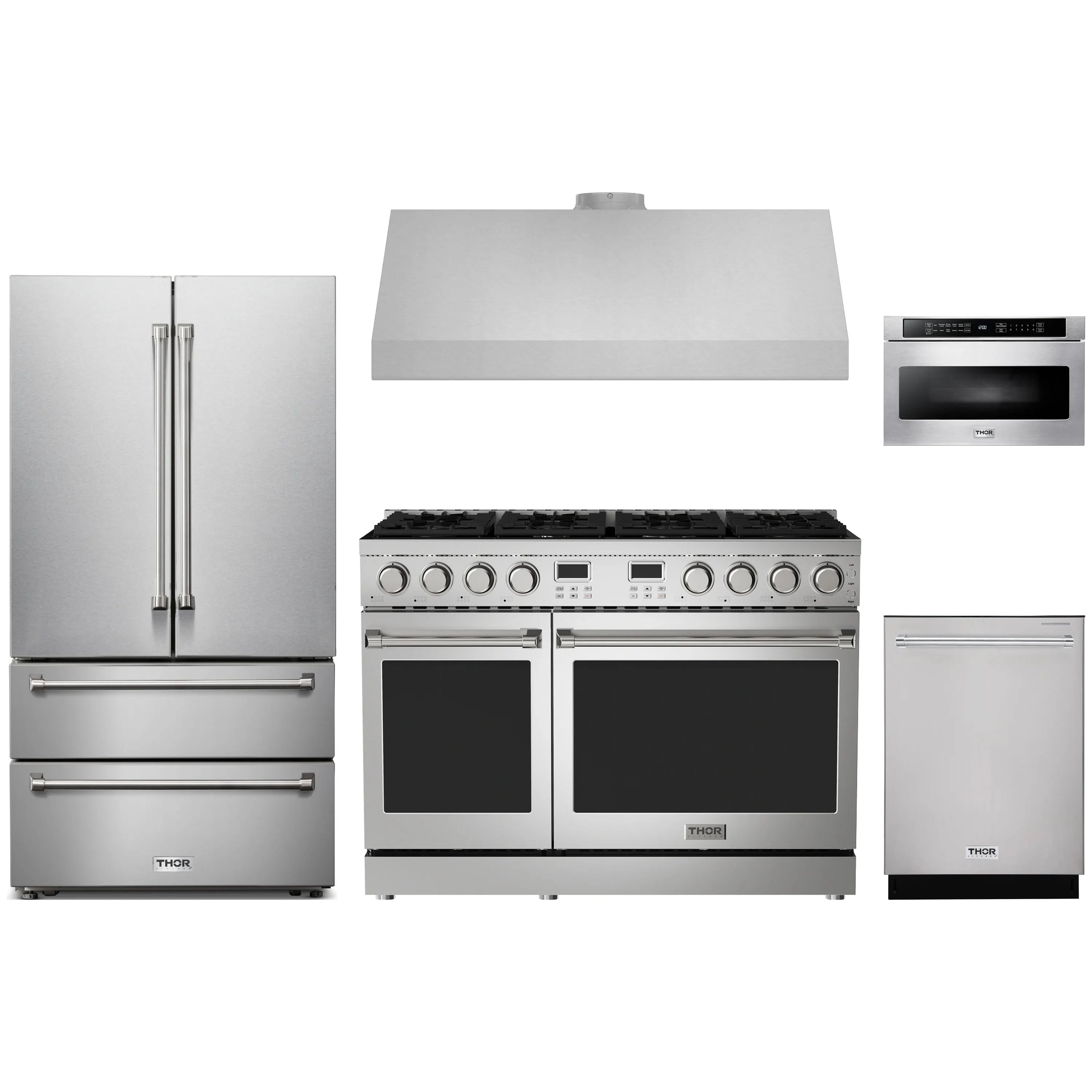 Stainless steel 5-piece appliance package: range hood, range, fridge, dishwasher, microwave