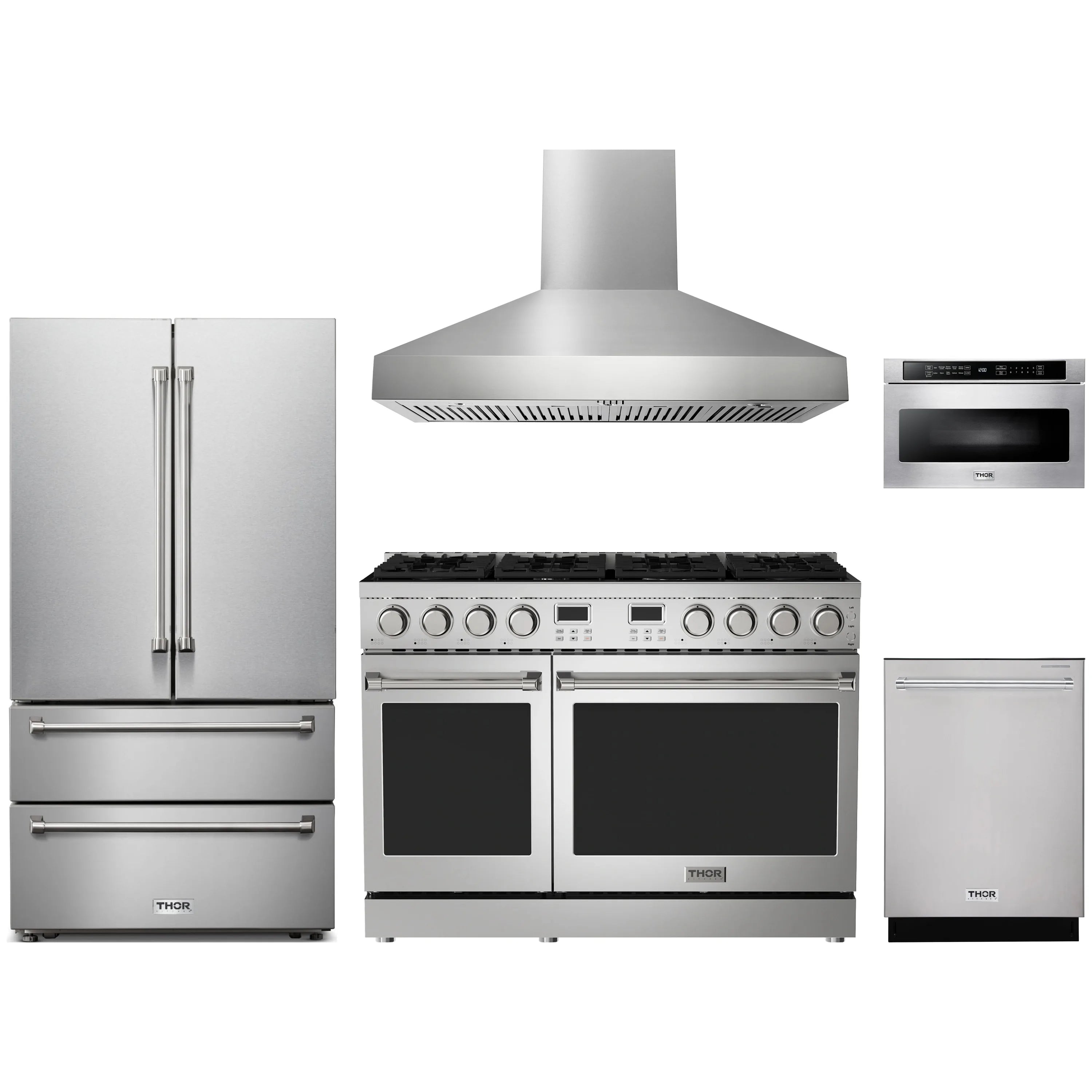 Stainless steel kitchen appliance package with wall hood, range, refrigerator, microwave, and dishwasher