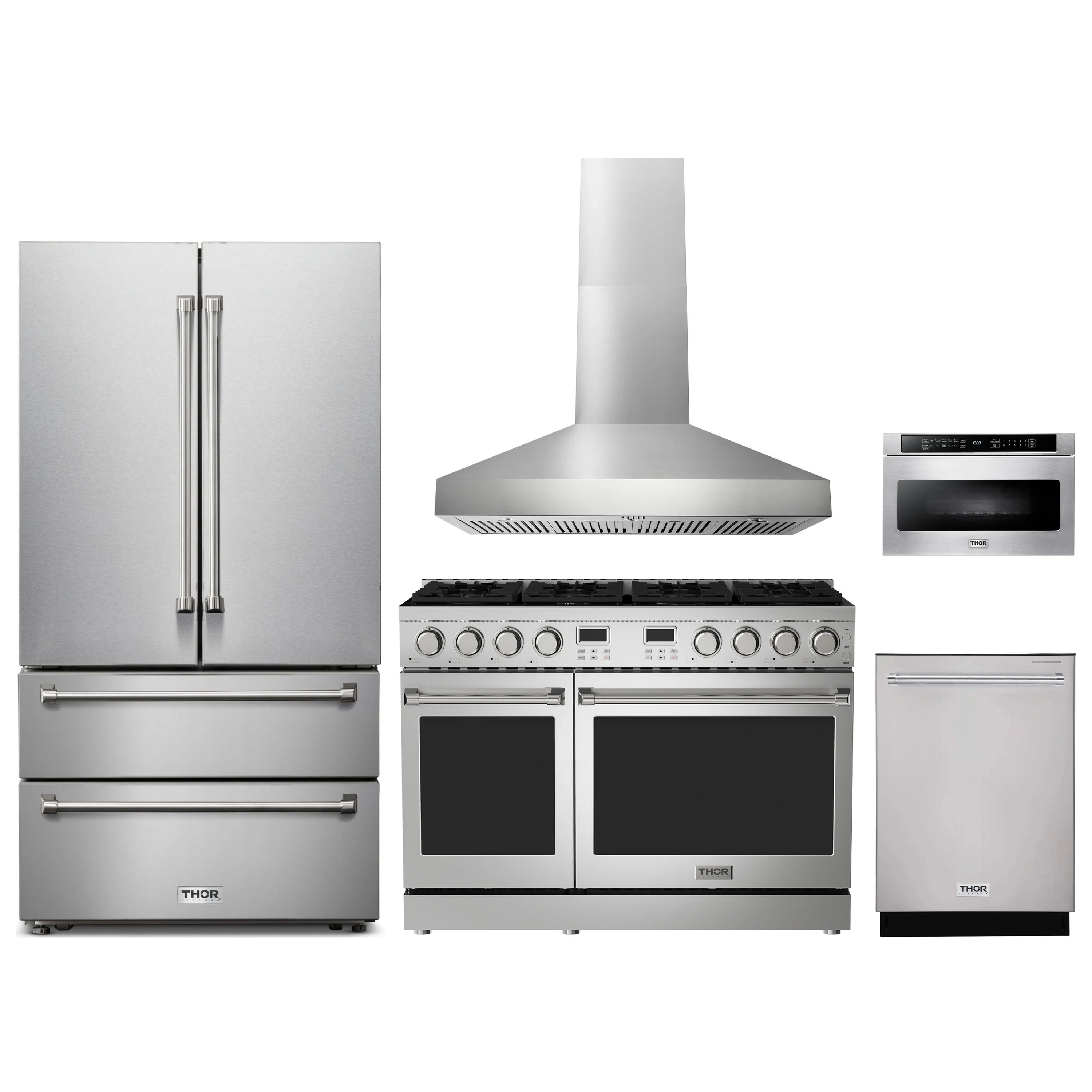 Stainless steel appliance package: refrigerator, gas range, hood, dishwasher, and microwave set