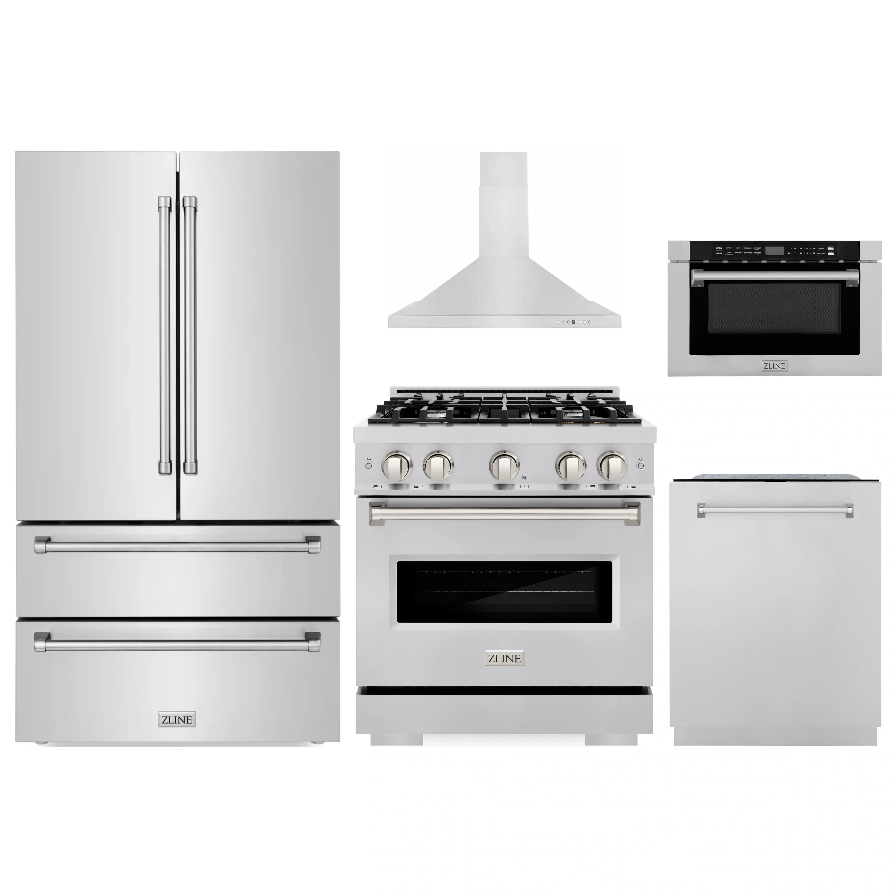 5-piece stainless steel ZLINE appliance set: refrigerator, range, hood, dishwasher, microwave