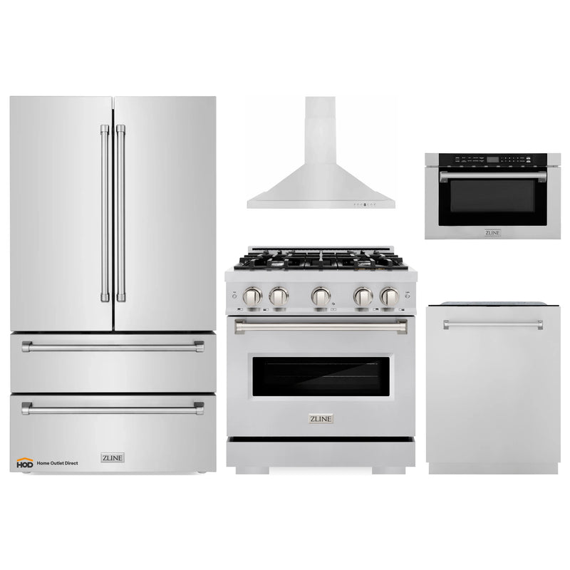 ZLINE 5-Piece Appliance Package - 30-Inch Dual Fuel Range, Hood, Refrigerator, Dishwasher, and Microwave Drawer in Stainless Steel