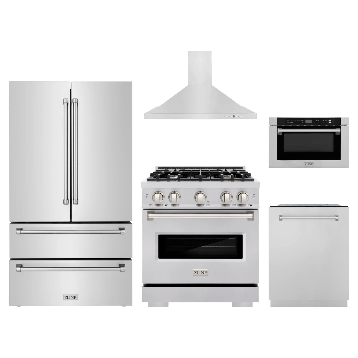 ZLINE 5-Piece Appliance Package - 30-Inch Dual Fuel Range, Hood, Refrigerator, Dishwasher, and Microwave Drawer in Stainless Steel