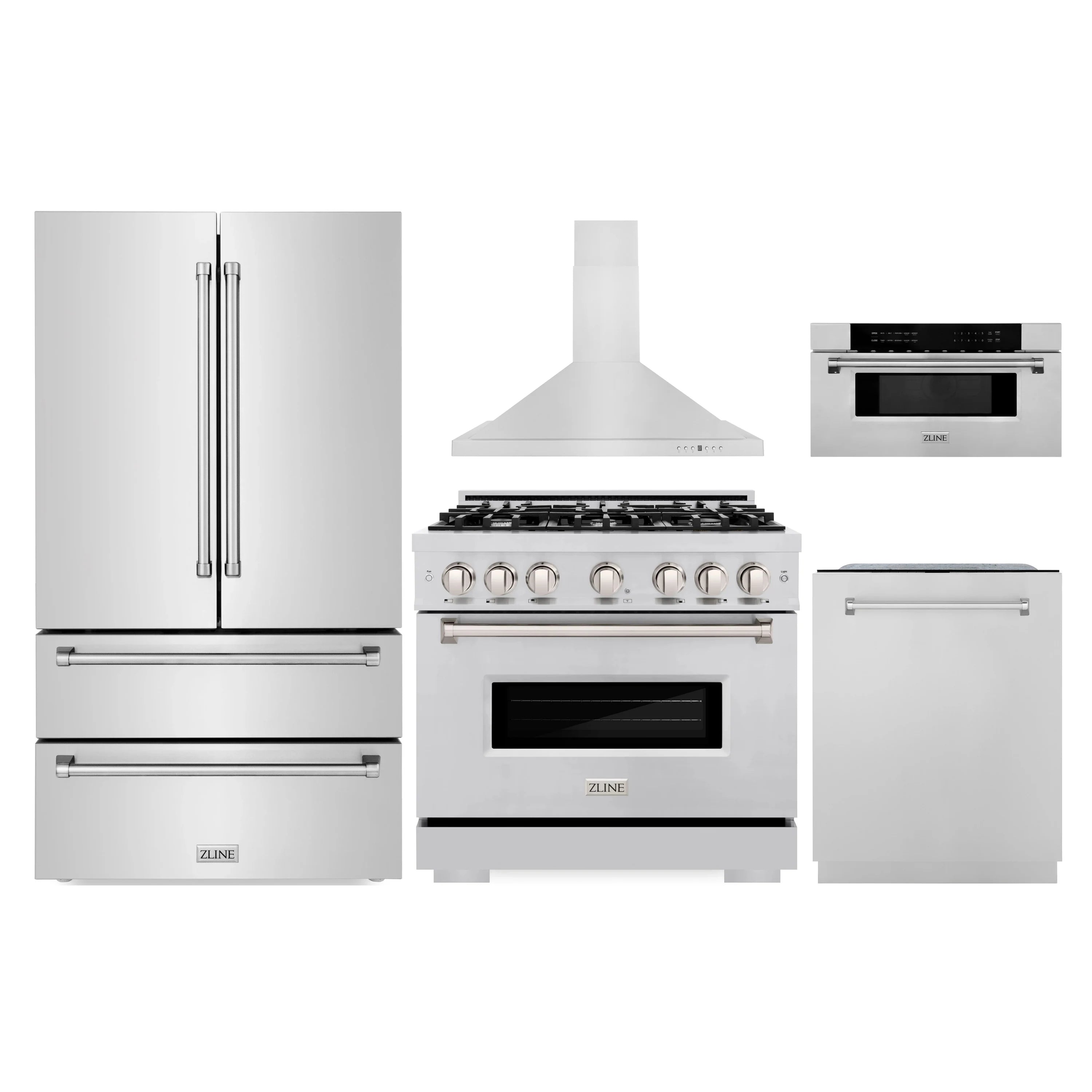 Stainless steel appliance package with refrigerator, range, hood, microwave drawer, dishwasher