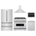 ZLINE 5-Piece Appliance Package - 36-Inch Dual Fuel Range, Hood, Refrigerator, Dishwasher, and Microwave Drawer in Stainless Steel