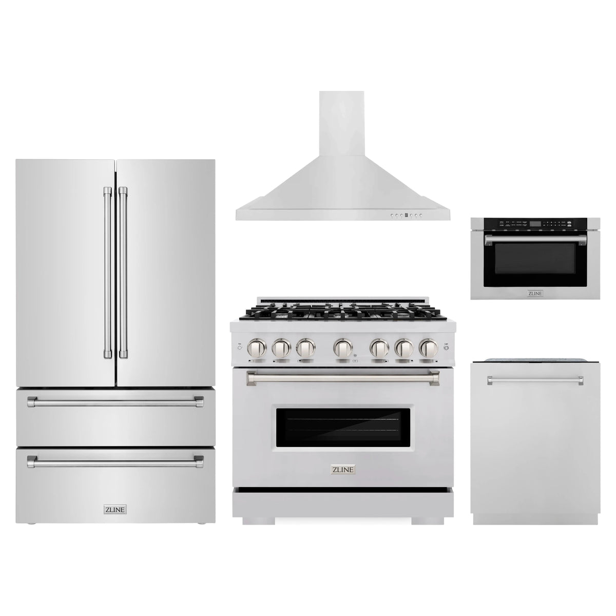 ZLINE 5-Piece Appliance Package - 36-Inch Dual Fuel Range, Hood, Refrigerator, Dishwasher, and Microwave Drawer in Stainless Steel