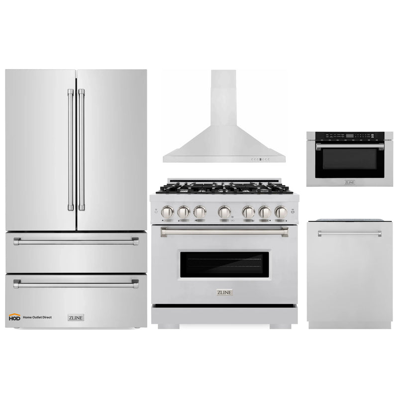 ZLINE 5-Piece Appliance Package - 36-Inch Dual Fuel Range, Hood, Refrigerator, Dishwasher, and Microwave Drawer in Stainless Steel
