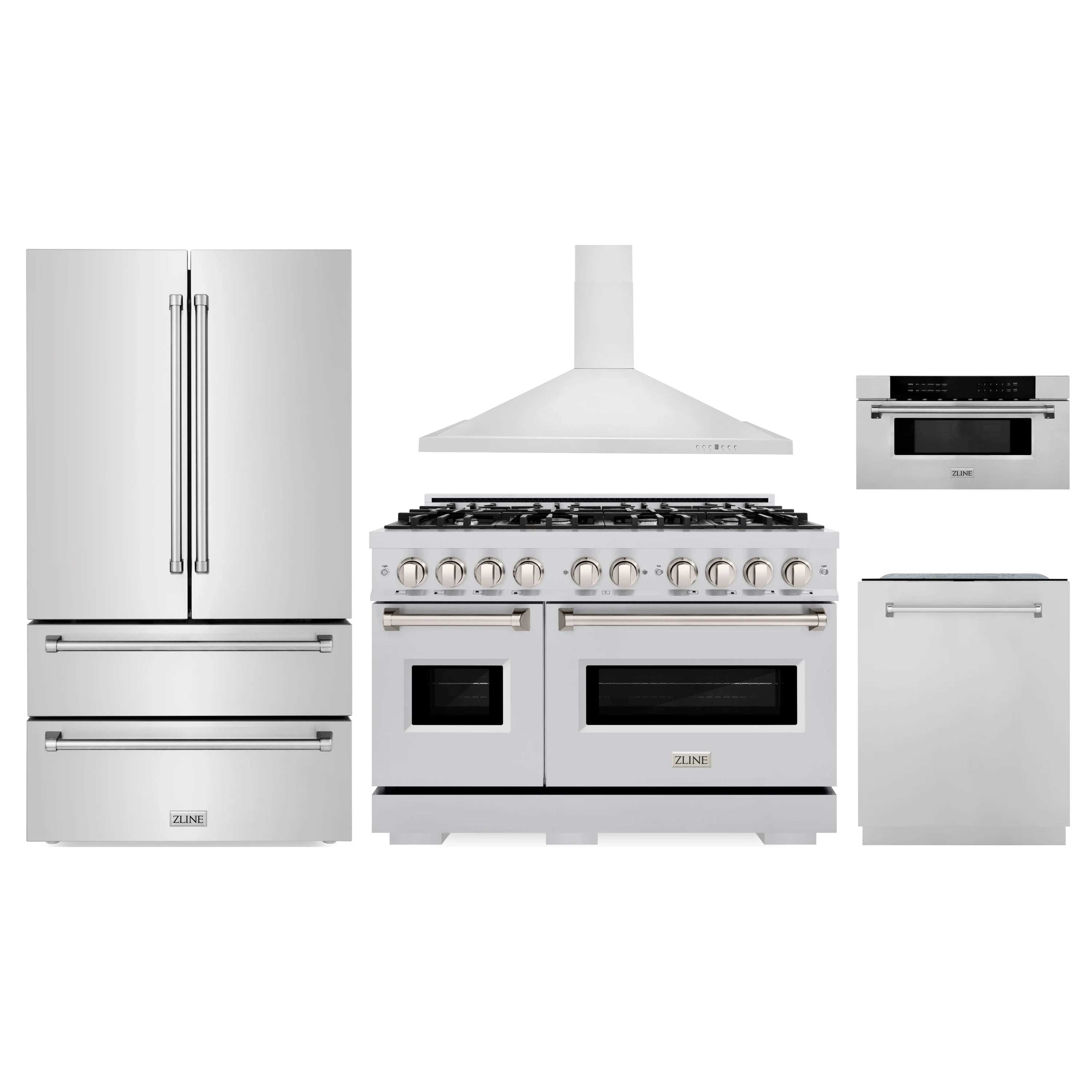 ZLINE stainless steel 5-piece appliance package with range, refrigerator, dishwasher