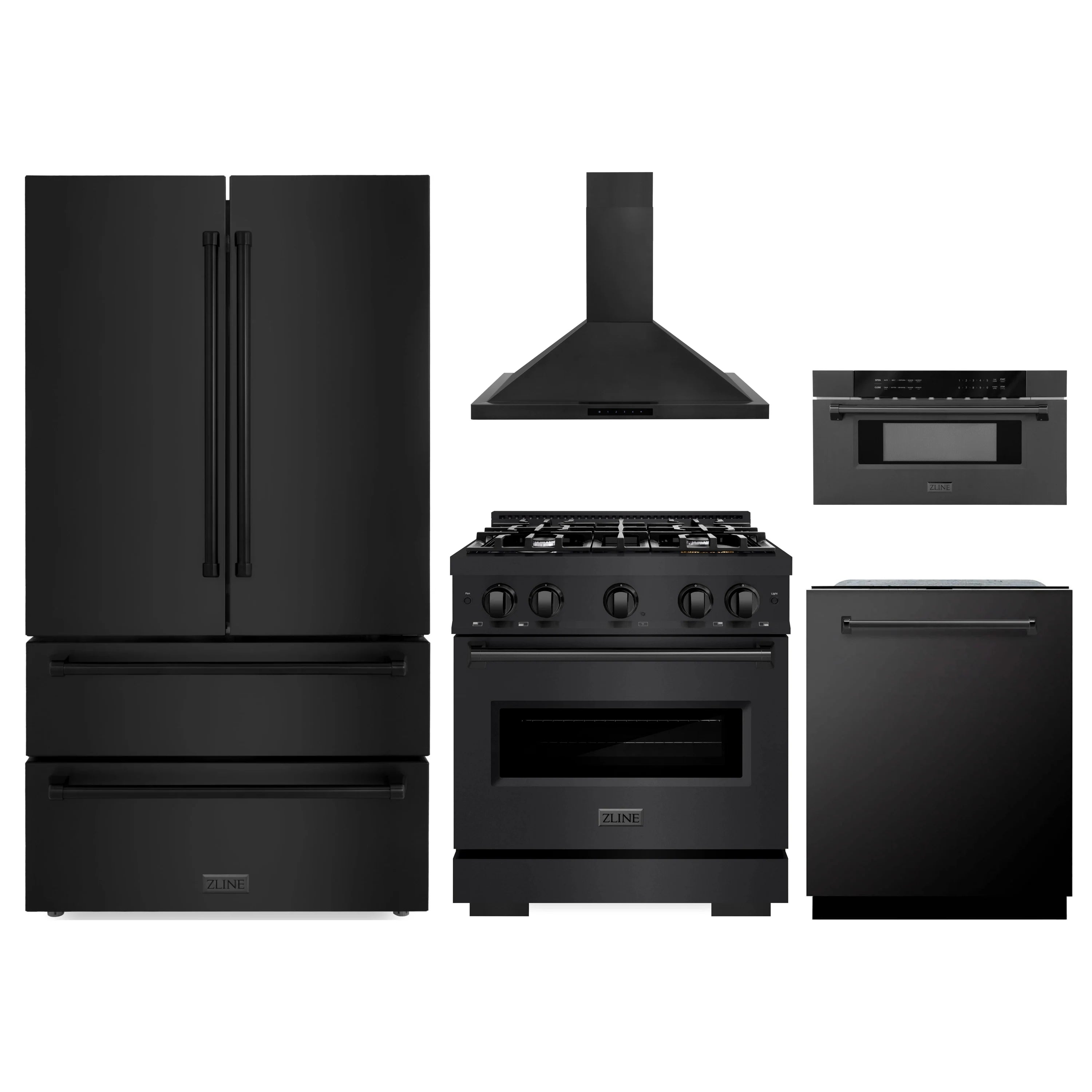 Black appliance package set with refrigerator, range, hood, dishwasher, and microwave drawer