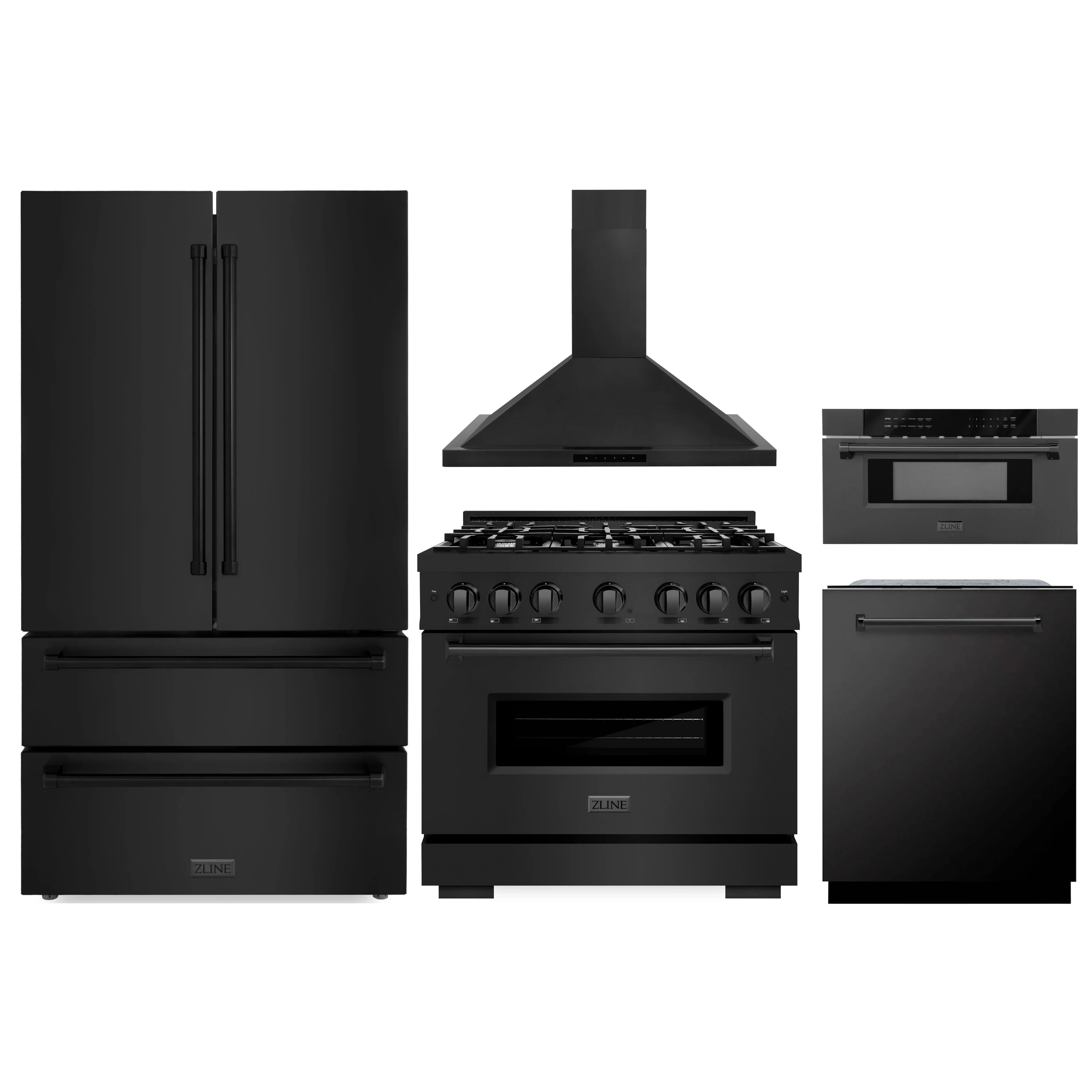 Black stainless steel 5-piece appliance package with refrigerator, range, hood, and dishwasher