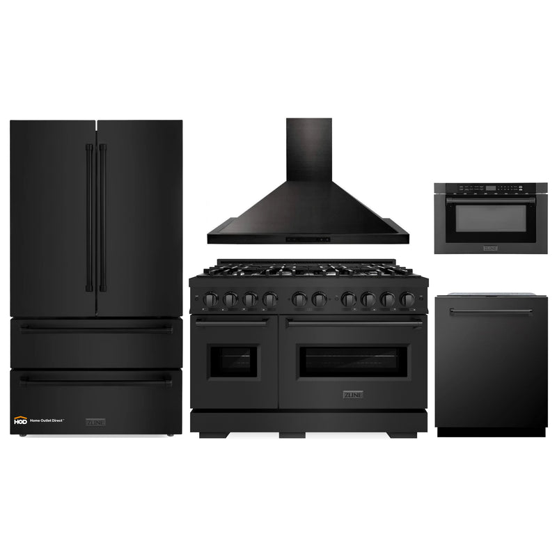 ZLINE 5-Piece Appliance Package - 48-Inch Dual Fuel Range, Hood, Refrigerator, Dishwasher, and Microwave Drawer in Black Stainless Steel