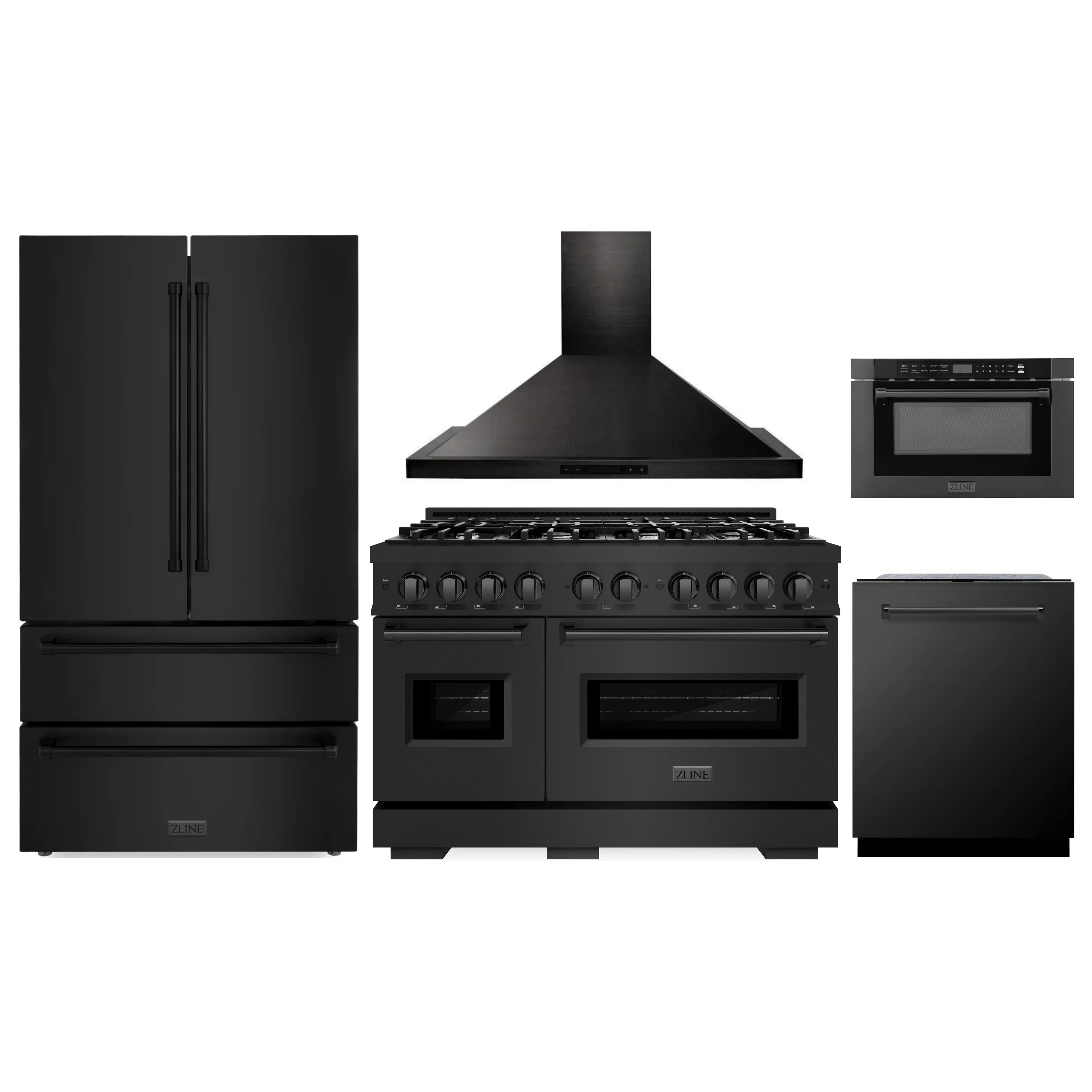 Black stainless steel appliance package set with range, hood, refrigerator, dishwasher, and microwave drawer