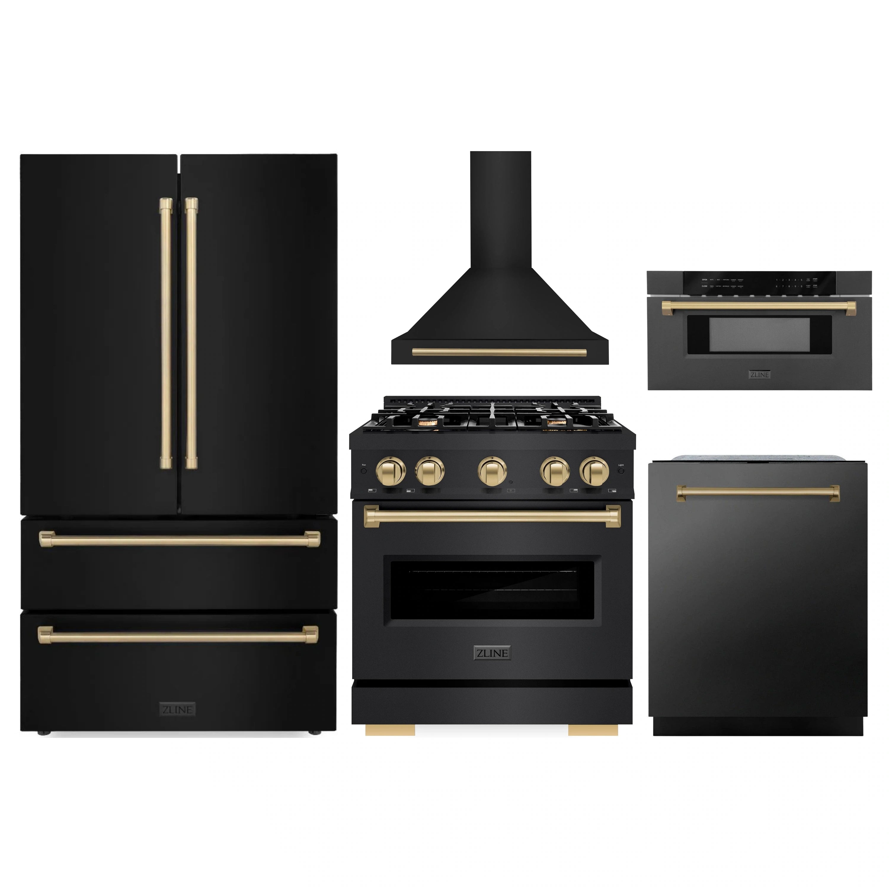 Black appliance package set with dual fuel range, hood, refrigerator, dishwasher