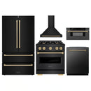 ZLINE 5-Piece Appliance Package - 30-Inch Autograph Edition Dual Fuel Range, Wall Mount Range Hood, 36-Inch French Door Refrigerator, Dishwasher, and 30-Inch Microwave Drawer in Black Stainless Steel with Champagne Bronze Accents