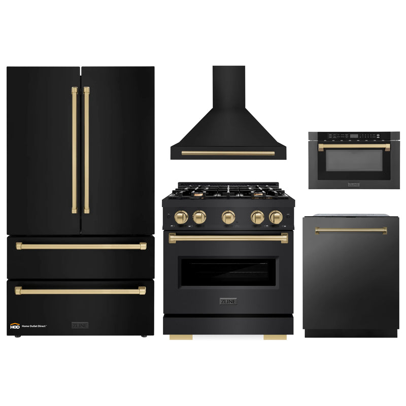 ZLINE 5-Piece Appliance Package - 30-Inch Dual Fuel Range, Hood, Refrigerator, Dishwasher, and Microwave Drawer in Black Stainless Steel with Champagne Bronze Accents