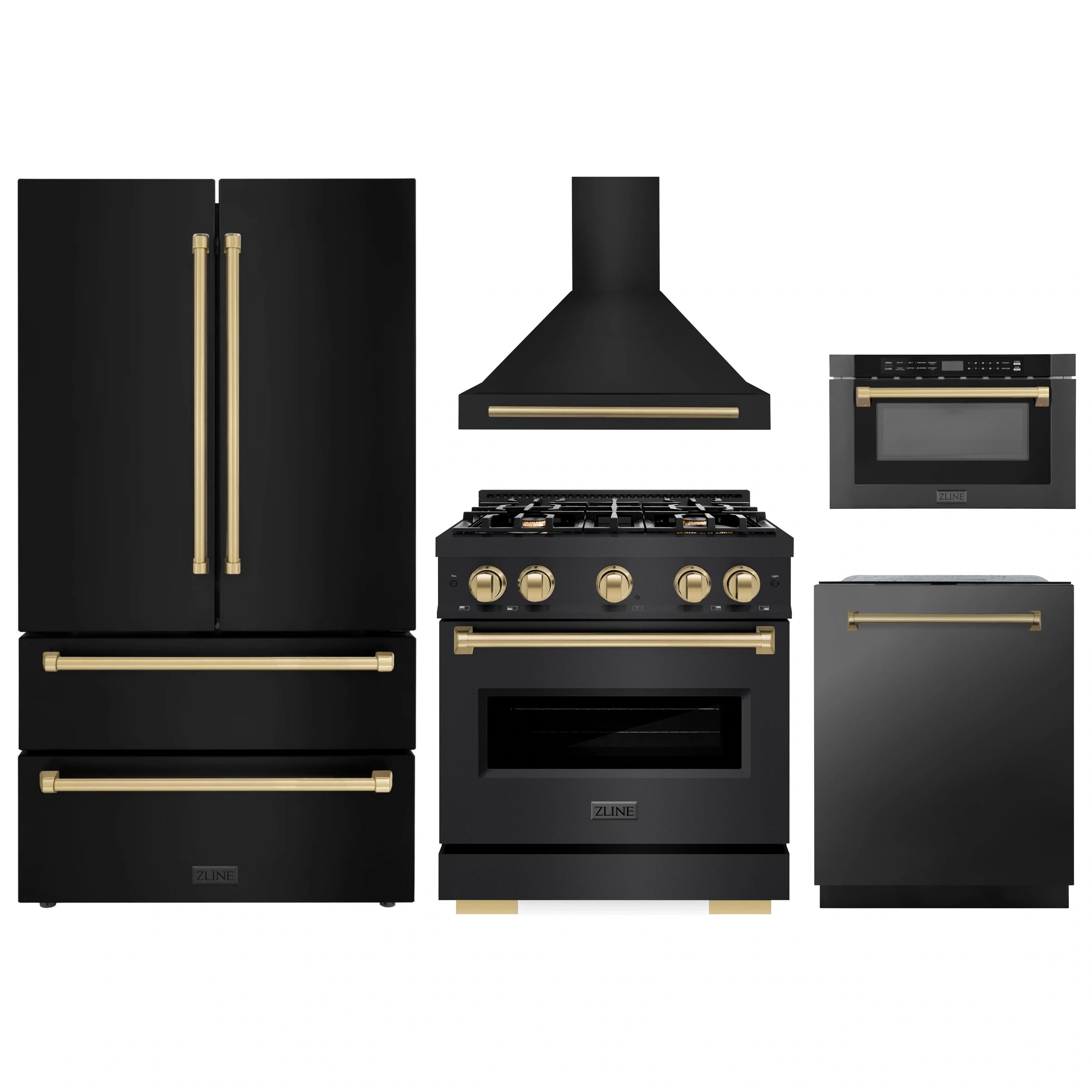 Black stainless five-piece appliance package set with champagne bronze accents