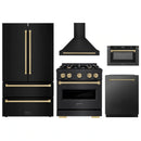 ZLINE 5-Piece Appliance Package - 30-Inch Dual Fuel Range, Hood, Refrigerator, Dishwasher, and Microwave Drawer in Black Stainless Steel with Champagne Bronze Accents