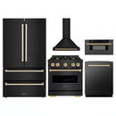 ZLINE 5-Piece Appliance Package - 30-Inch Autograph Edition Dual Fuel Range, Wall Mount Range Hood, 36-Inch French Door Refrigerator, Dishwasher, and 30-Inch Microwave Drawer in Black Stainless Steel with Gold Accents