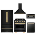 ZLINE 5-Piece Appliance Package - 30-Inch Autograph Edition Dual Fuel Range, Wall Mount Range Hood, 36-Inch French Door Refrigerator, Dishwasher, and 30-Inch Microwave Drawer in Black Stainless Steel with Gold Accents