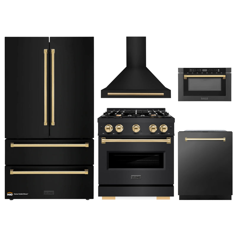 ZLINE 5-Piece Appliance Package - 30-Inch Dual Fuel Range, Hood, Refrigerator, Dishwasher, and Microwave Drawer in Black Stainless Steel with Gold Accents