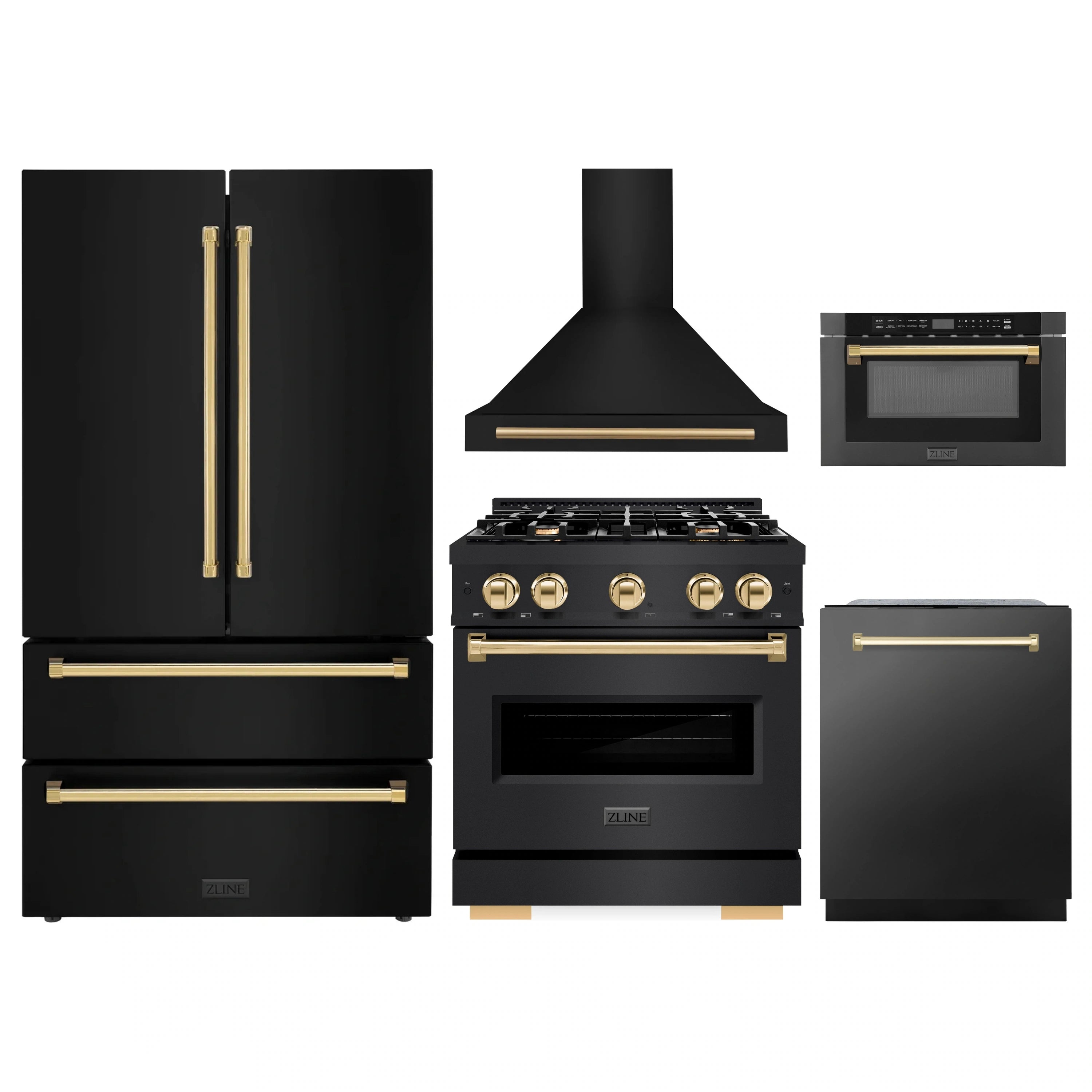 Black stainless appliance package with gold accents: range, hood, and refrigerator