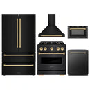 ZLINE 5-Piece Appliance Package - 30-Inch Dual Fuel Range, Hood, Refrigerator, Dishwasher, and Microwave Drawer in Black Stainless Steel with Gold Accents