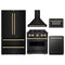 ZLINE 5-Piece Appliance Package - 30-Inch Dual Fuel Range, Hood, Refrigerator, Dishwasher, and Microwave Drawer in Black Stainless Steel with Gold Accents