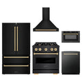ZLINE 5-Piece Appliance Package - 30-Inch Dual Fuel Range, Hood, Refrigerator, Dishwasher, and Microwave Drawer in Black Stainless Steel with Gold Accents