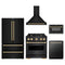 ZLINE 5-Piece Appliance Package - 30-Inch Dual Fuel Range, Hood, Refrigerator, Dishwasher, and Microwave Drawer in Black Stainless Steel with Gold Accents