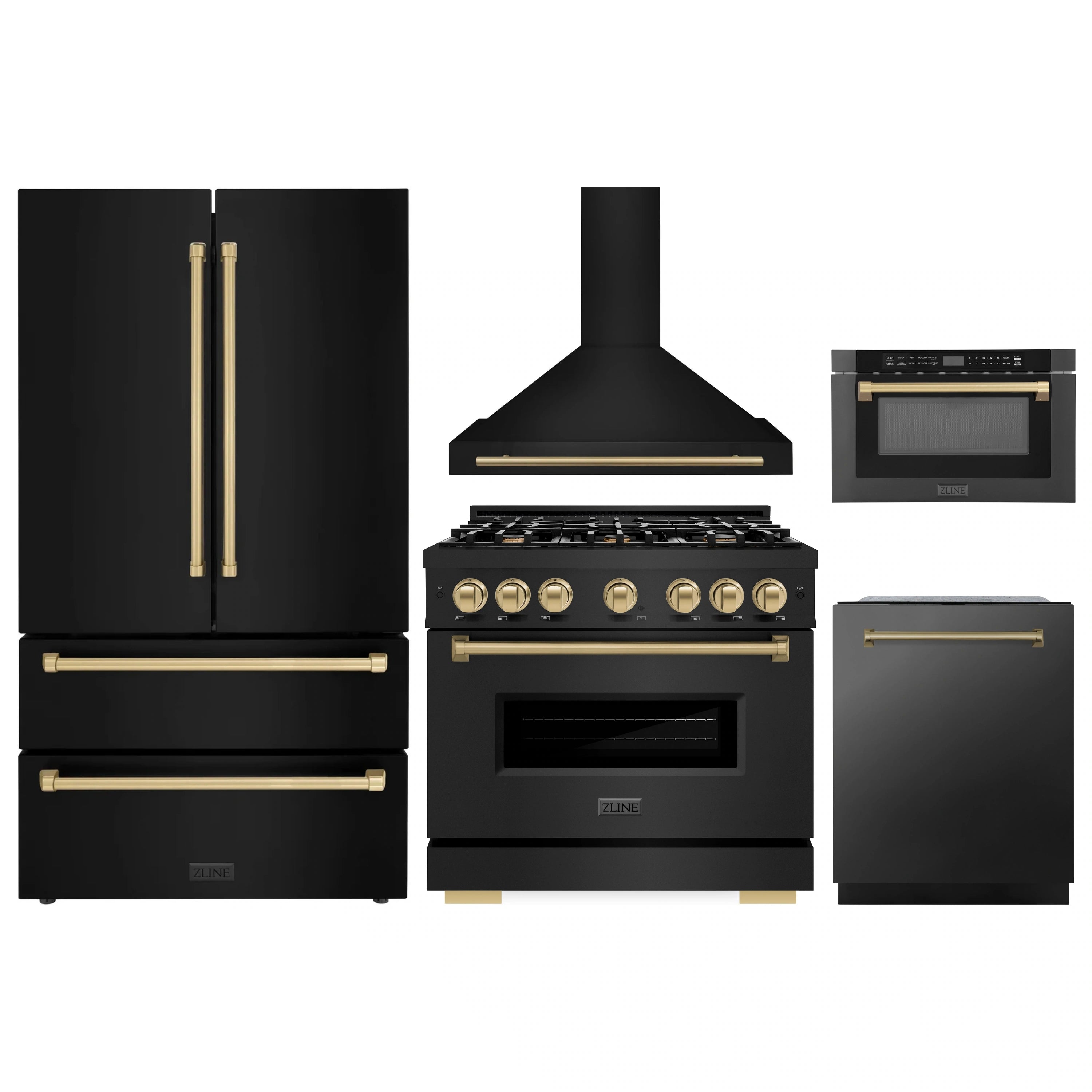 5-piece black stainless appliance package with champagne bronze accents, front view