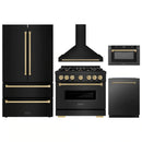 ZLINE 5-Piece Appliance Package - 36-Inch Dual Fuel Range, Hood, Refrigerator, Dishwasher, and Microwave Drawer in Black Stainless Steel with Champagne Bronze Accents