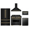 ZLINE 5-Piece Appliance Package - 36-Inch Dual Fuel Range, Hood, Refrigerator, Dishwasher, and Microwave Drawer in Black Stainless Steel with Champagne Bronze Accents