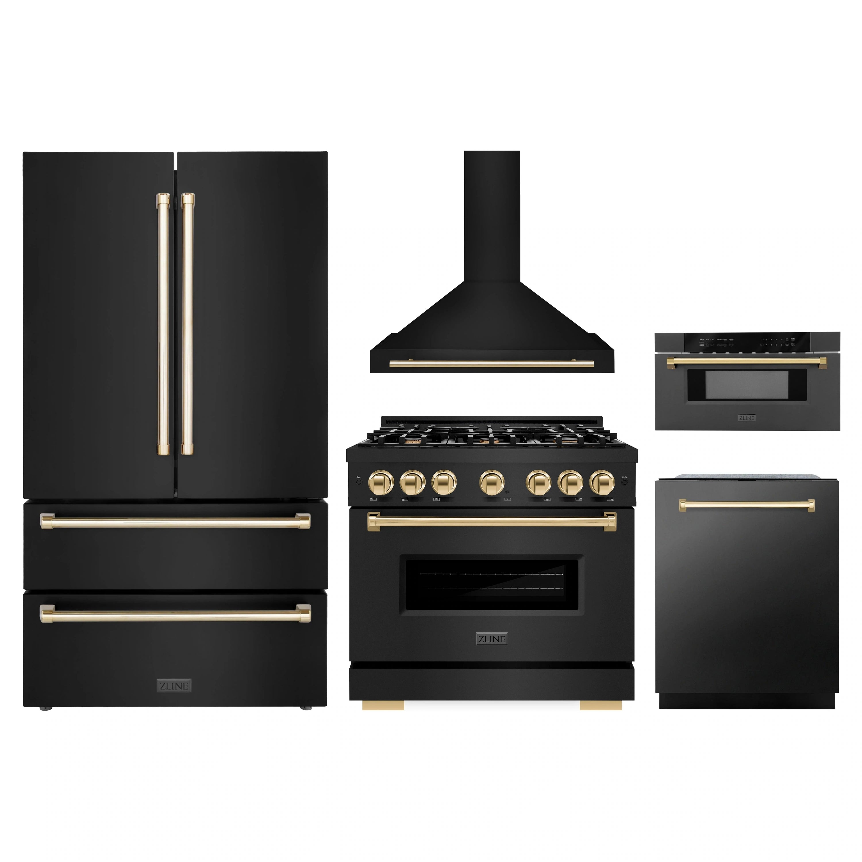 Black appliance package with gold accents: fridge, range, hood, drawer microwave, dishwasher