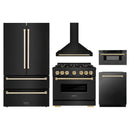 ZLINE 5-Piece Appliance Package - 36-Inch Autograph Edition Dual Fuel Range, Wall Mount Range Hood, 36-Inch French Door Refrigerator, Dishwasher, and 30-Inch Microwave Drawer in Black Stainless Steel with Gold Accents
