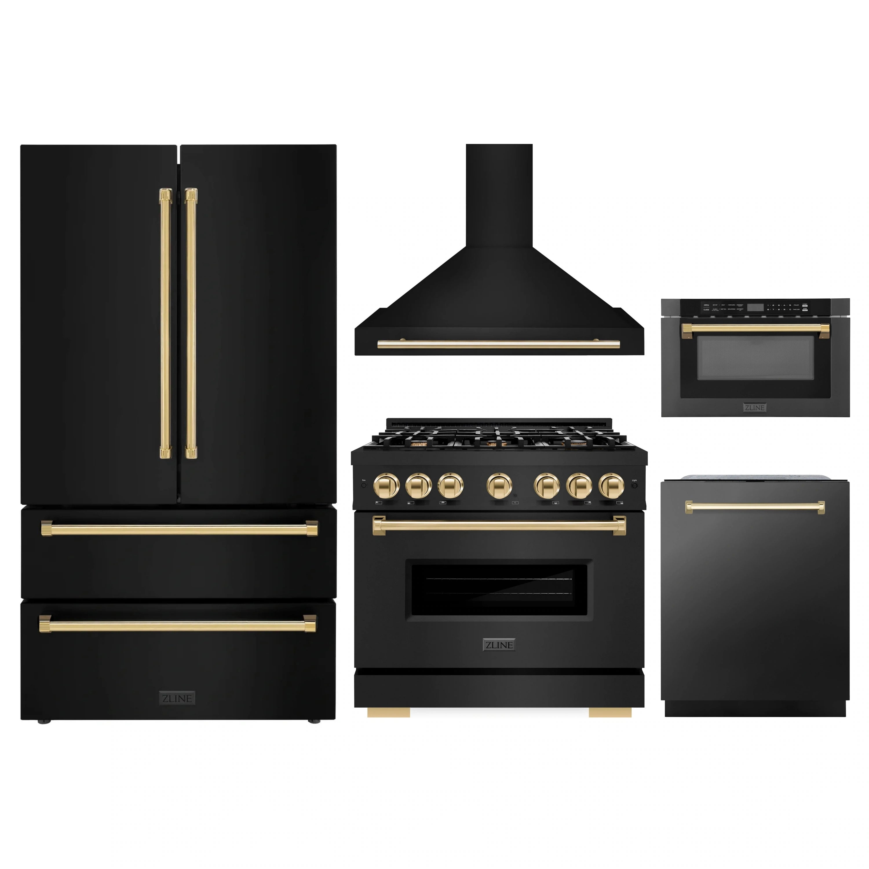 Black appliance package with gold accents: refrigerator, range, hood, dishwasher