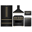 ZLINE 5-Piece Appliance Package - 36-Inch Dual Fuel Range, Hood, Refrigerator, Dishwasher, and Microwave Drawer in Black Stainless Steel with Gold Accents