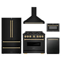 ZLINE 5-Piece Appliance Package - 36-Inch Dual Fuel Range, Hood, Refrigerator, Dishwasher, and Microwave Drawer in Black Stainless Steel with Gold Accents