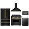 ZLINE 5-Piece Appliance Package - 36-Inch Dual Fuel Range, Hood, Refrigerator, Dishwasher, and Microwave Drawer in Black Stainless Steel with Gold Accents