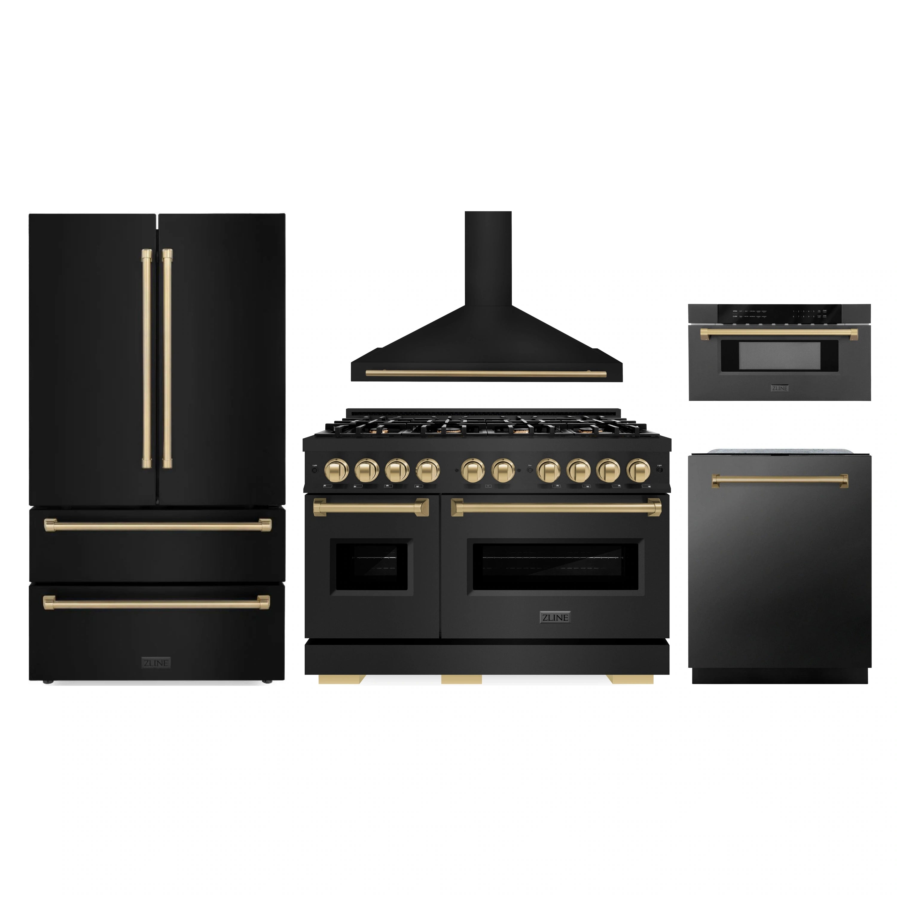 Black stainless kitchen appliance set with champagne bronze accents: range, hood, fridge, dishwasher