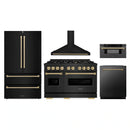 ZLINE 5-Piece Appliance Package - 48-Inch Autograph Edition Dual Fuel Range, Wall Mount Range Hood, 36-Inch French Door Refrigerator, Dishwasher, and 30-Inch Microwave Drawer in Black Stainless Steel with Champagne Bronze Accents