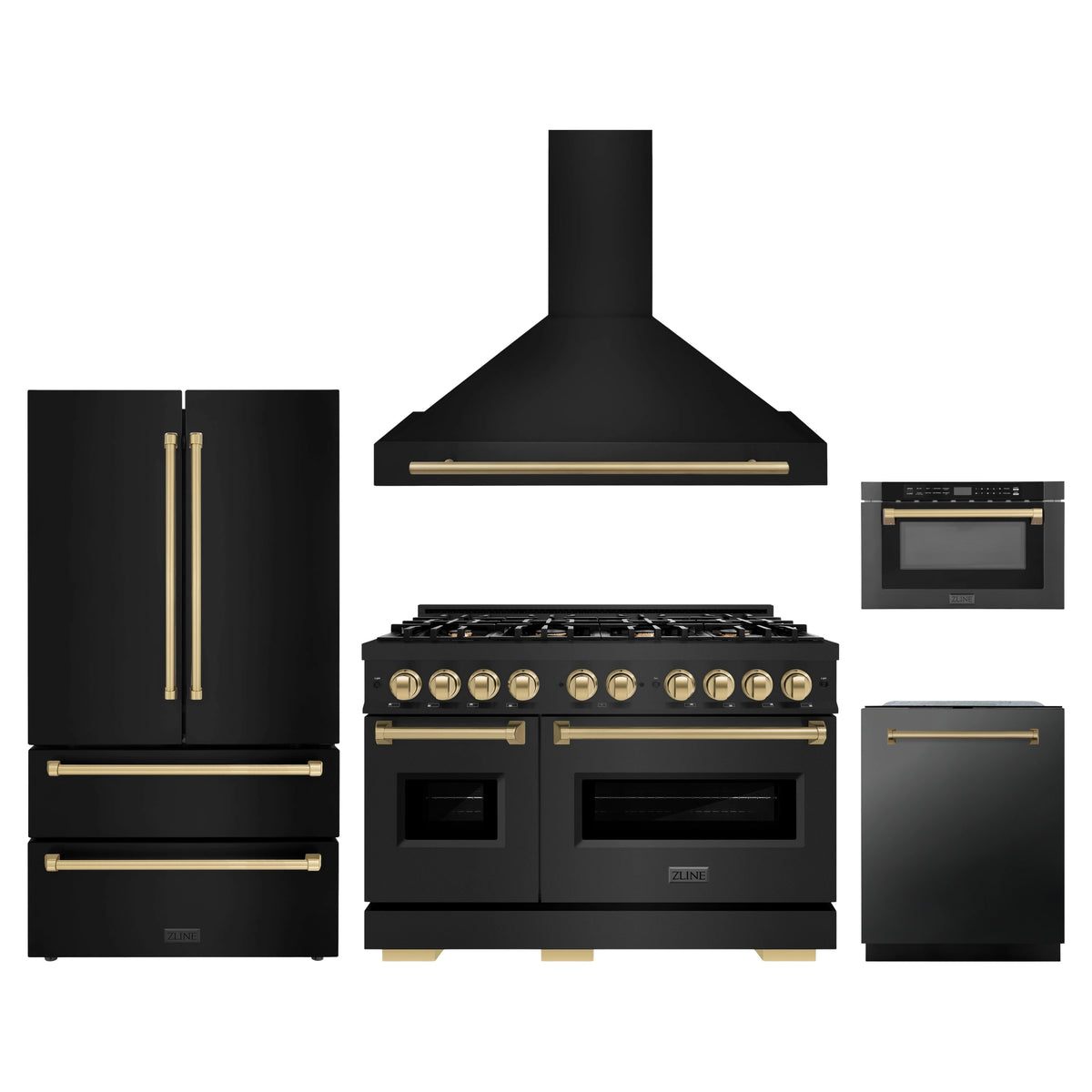 ZLINE 5-Piece Appliance Package - 48-Inch Dual Fuel Range, Hood, Refrigerator, Dishwasher, and Microwave Drawer in Black Stainless Steel with Champagne Bronze Accents