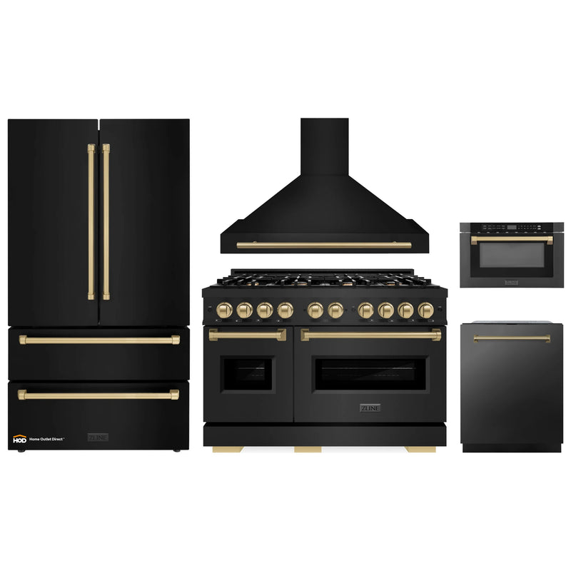 ZLINE 5-Piece Appliance Package - 48-Inch Dual Fuel Range, Hood, Refrigerator, Dishwasher, and Microwave Drawer in Black Stainless Steel with Champagne Bronze Accents