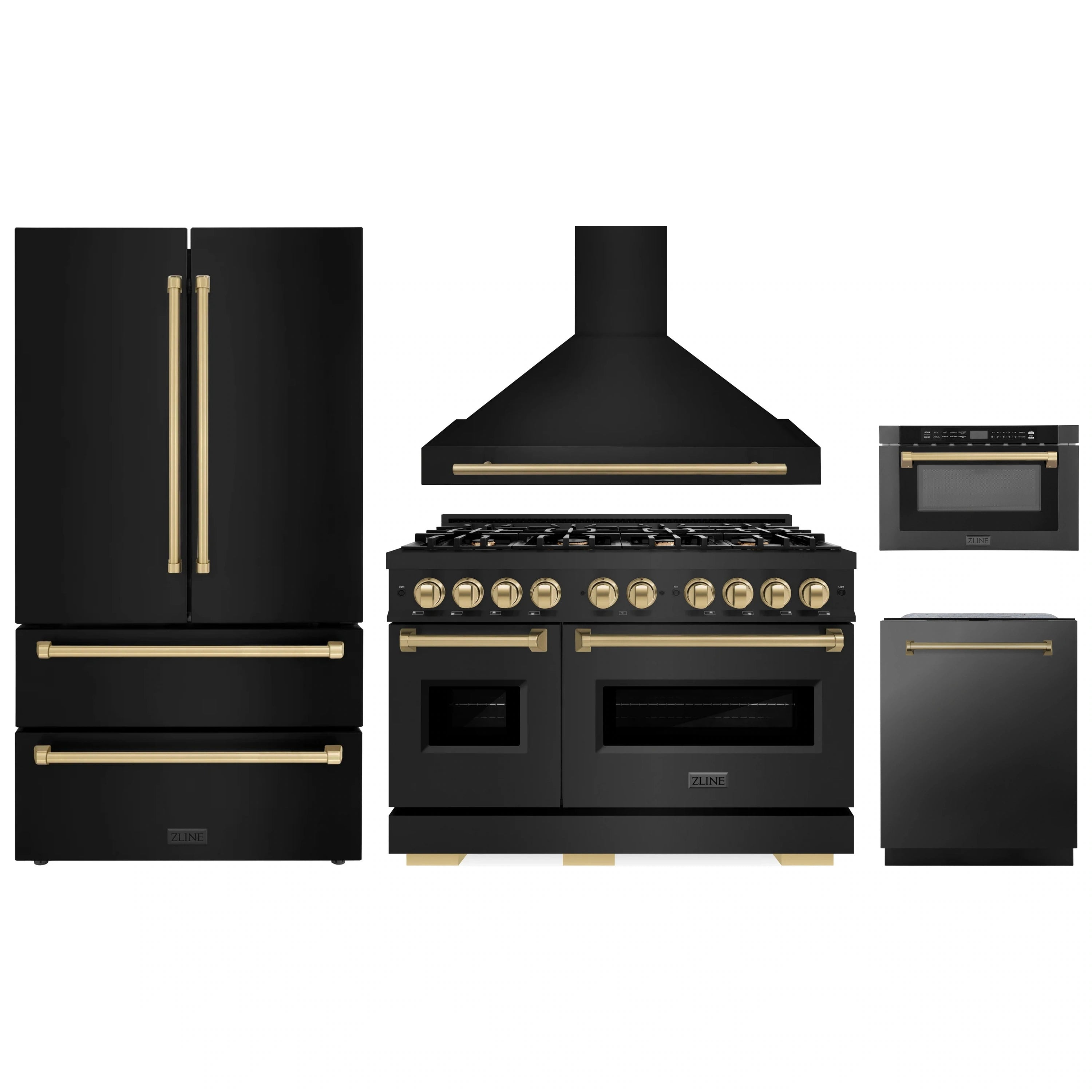 Black stainless appliance package with champagne bronze accents: range, hood, fridge