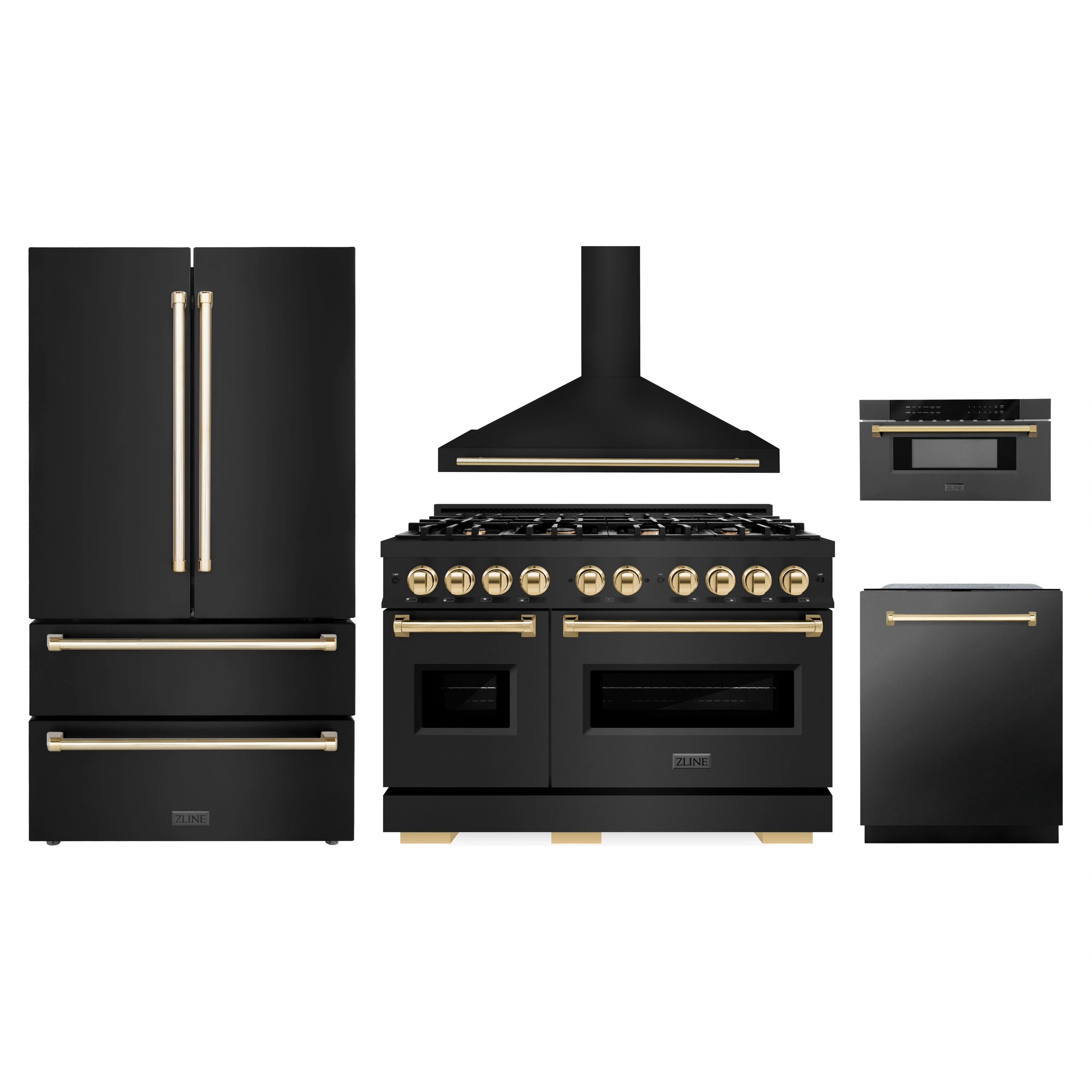 Black stainless steel appliance set with gold accents: range, hood, fridge