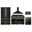 ZLINE 5-Piece Appliance Package - 48-Inch Autograph Edition Dual Fuel Range, Wall Mount Range Hood, 36-Inch French Door Refrigerator, Dishwasher, and 30-Inch Microwave Drawer in Black Stainless Steel with Gold Accents
