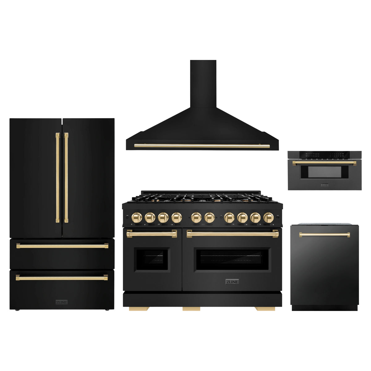 ZLINE 5-Piece Appliance Package - 48-Inch Autograph Edition Dual Fuel Range, Wall Mount Range Hood, 36-Inch French Door Refrigerator, Dishwasher, and 30-Inch Microwave Drawer in Black Stainless Steel with Gold Accents