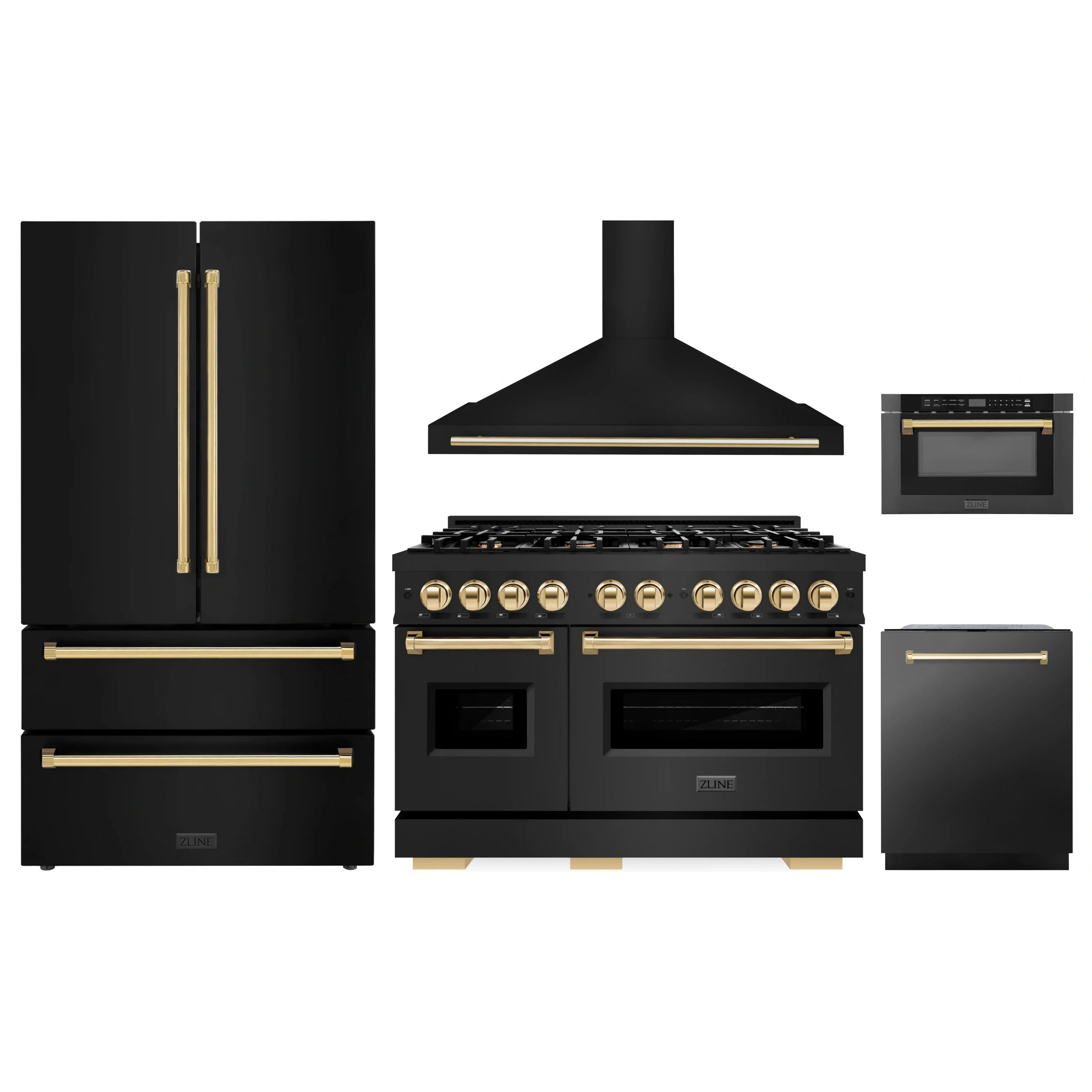 ZLINE 5-piece black stainless appliance package with gold accents: range, hood, fridge, dishwasher