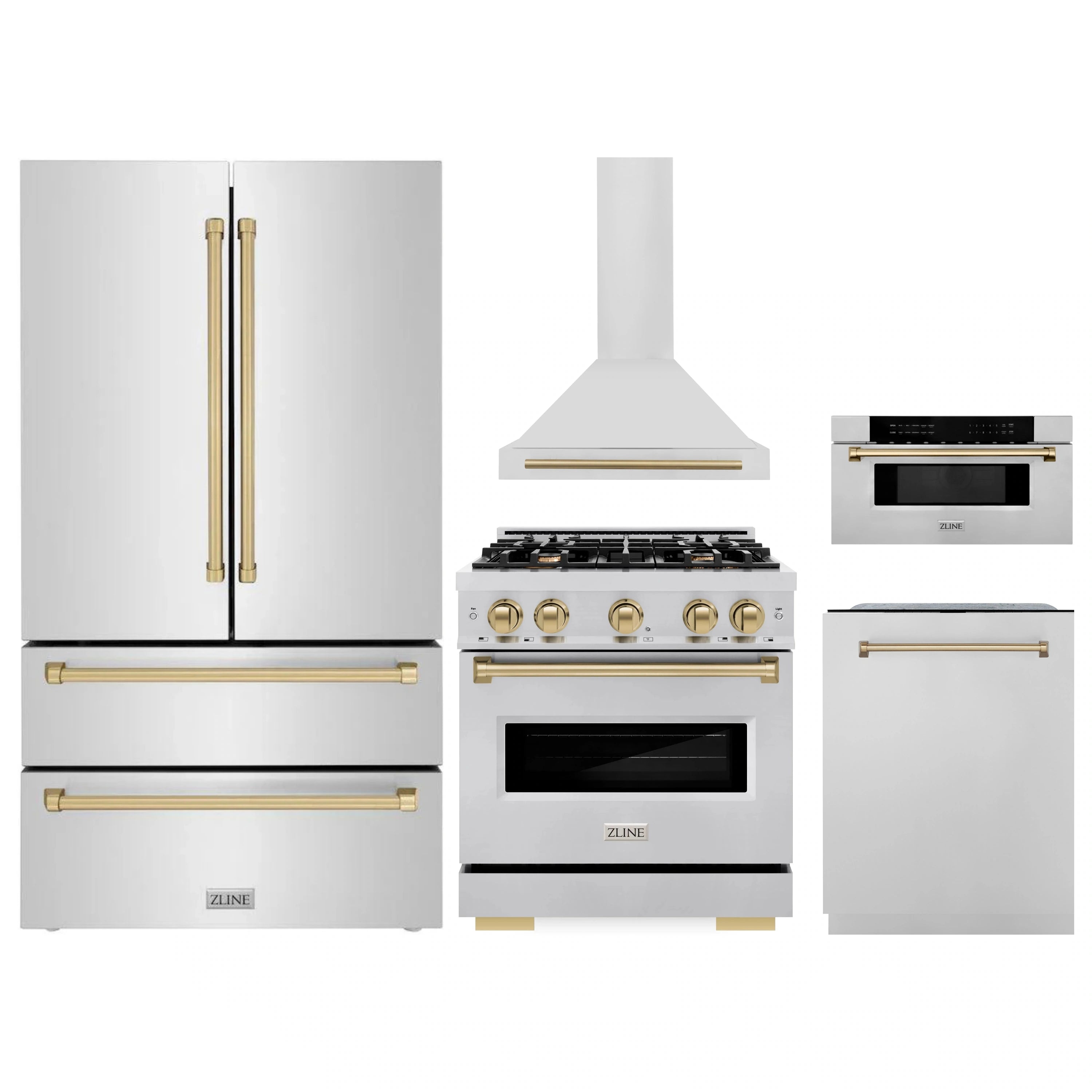 Stainless kitchen appliance set featuring dual fuel range, hood, refrigerator, and microwave